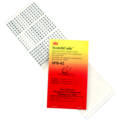 ‎3M ScotchCode Pre-Printed Wire Marker Book SPB-01 black print on a white background highlights the characters